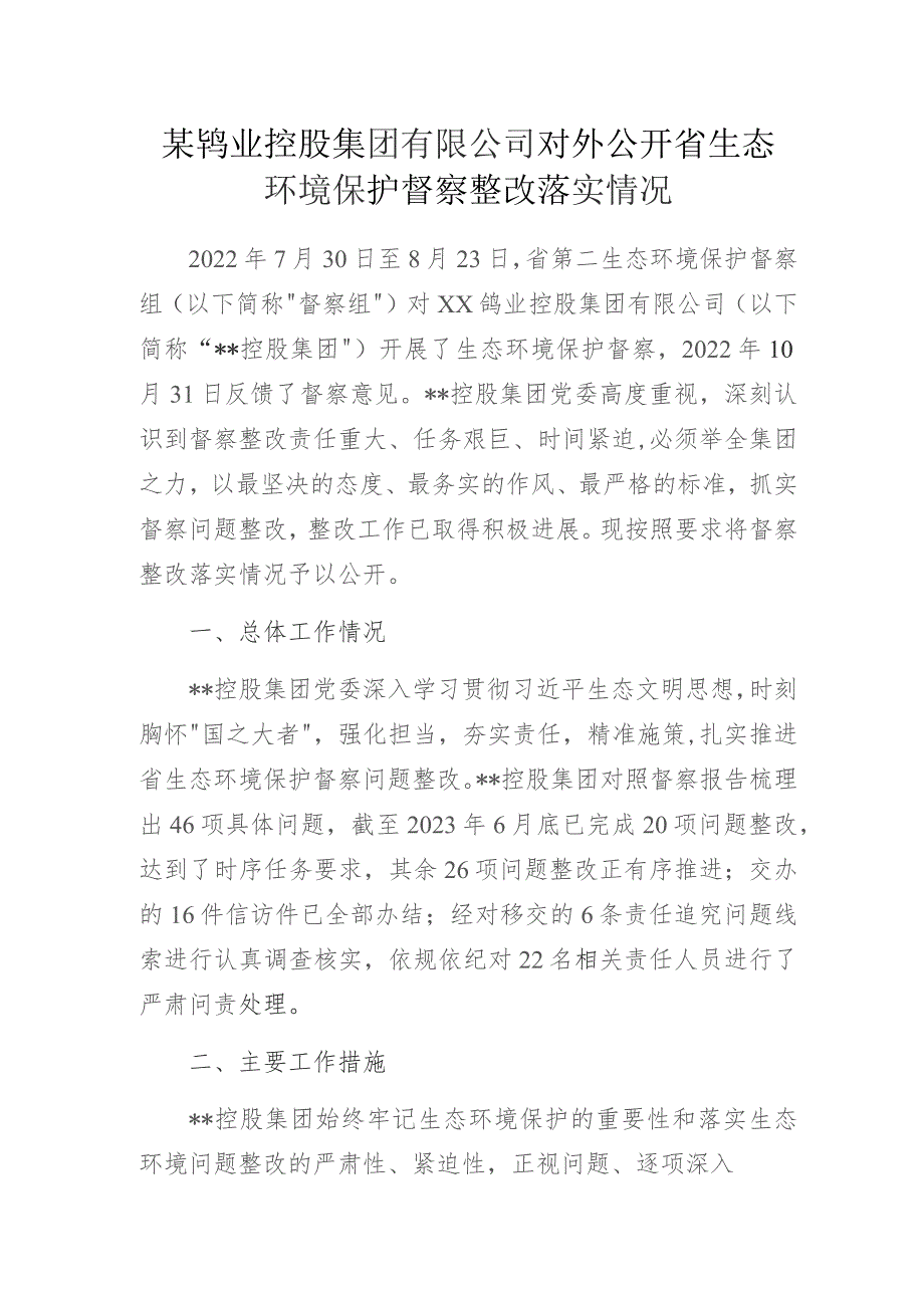 某钨业控股集团有限公司对外公开省生态环境保护督察整改落实情况.docx_第1页