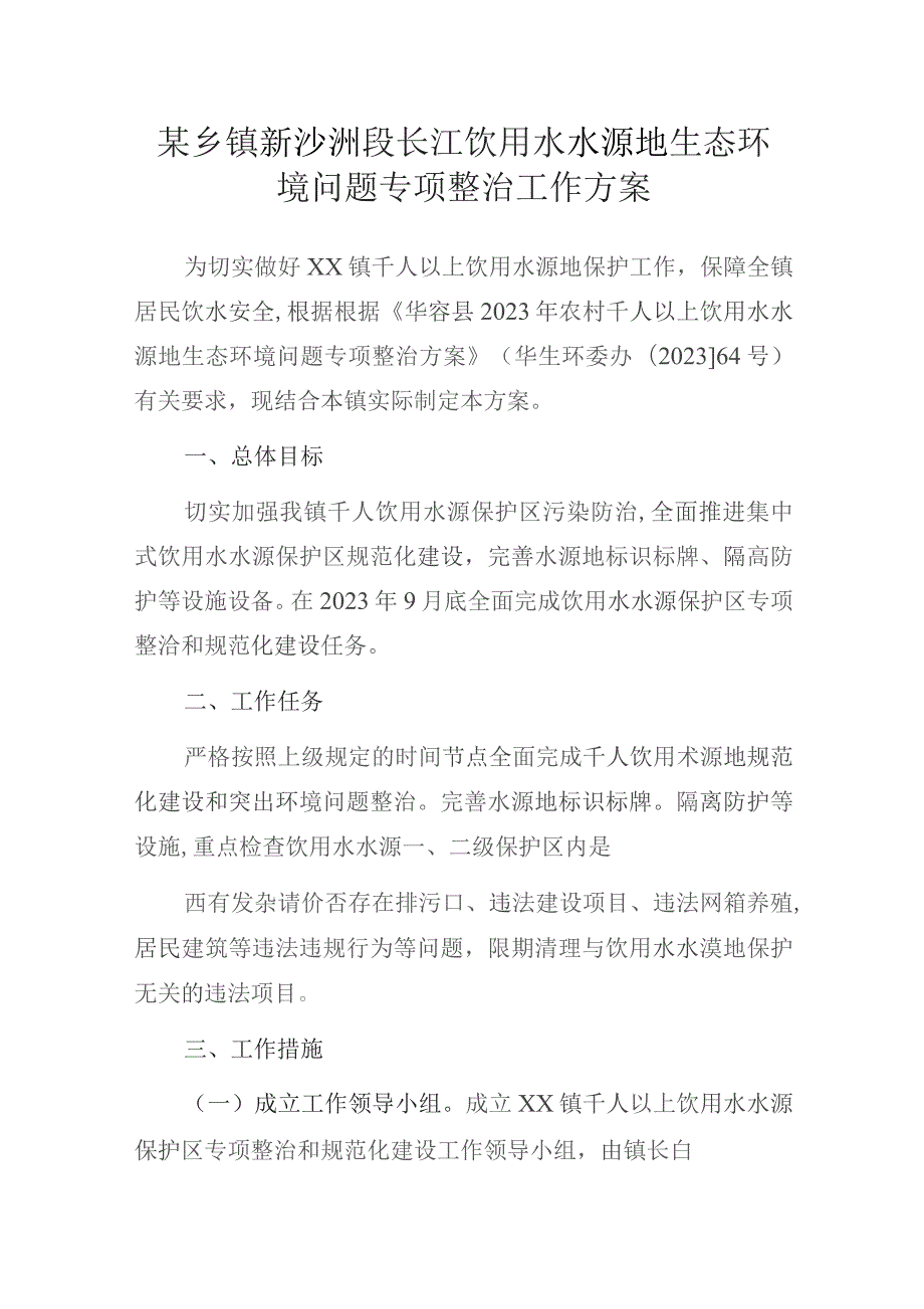 某乡镇新沙洲段长江饮用水水源地生态环境问题专项整治工作方案.docx_第1页