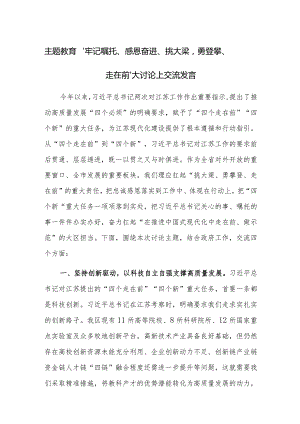 主题教育“牢记嘱托、感恩奋进、挑大梁勇登攀、走在前”大讨论上交流发言范文2篇.docx