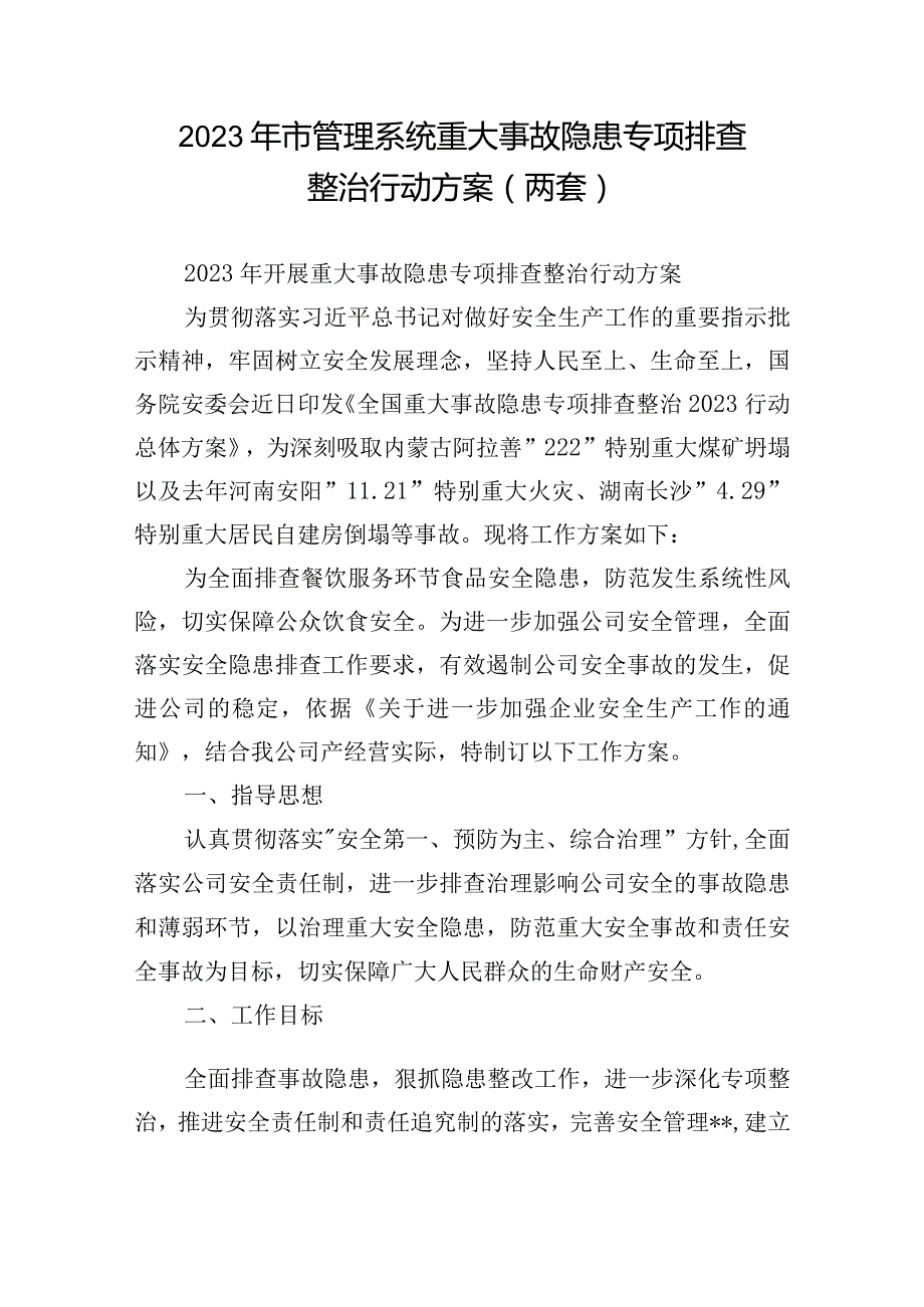 2023年市管理系统重大事故隐患专项排查整治行动方案(两套).docx_第1页