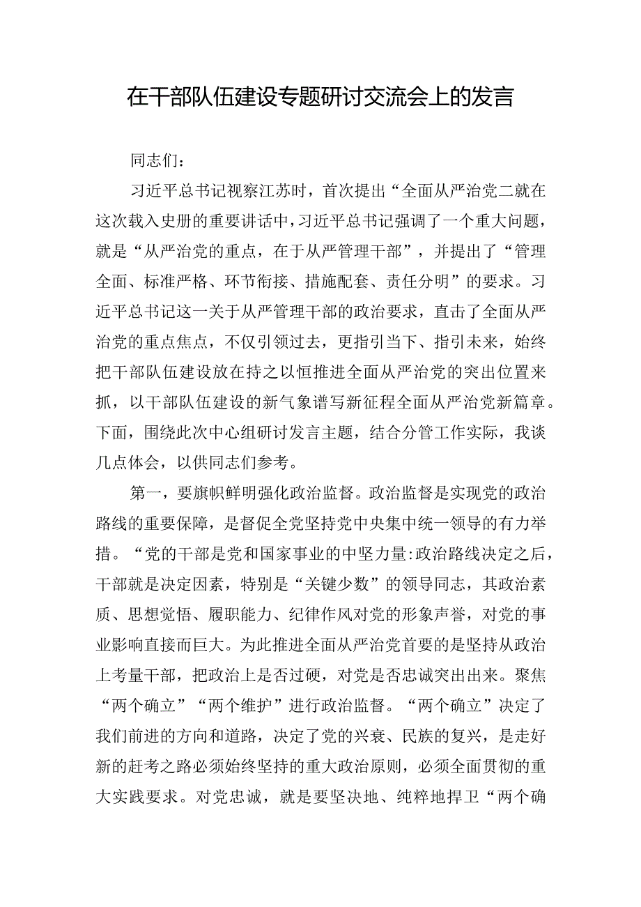 在干部队伍建设专题研讨交流会上的发言.docx_第1页