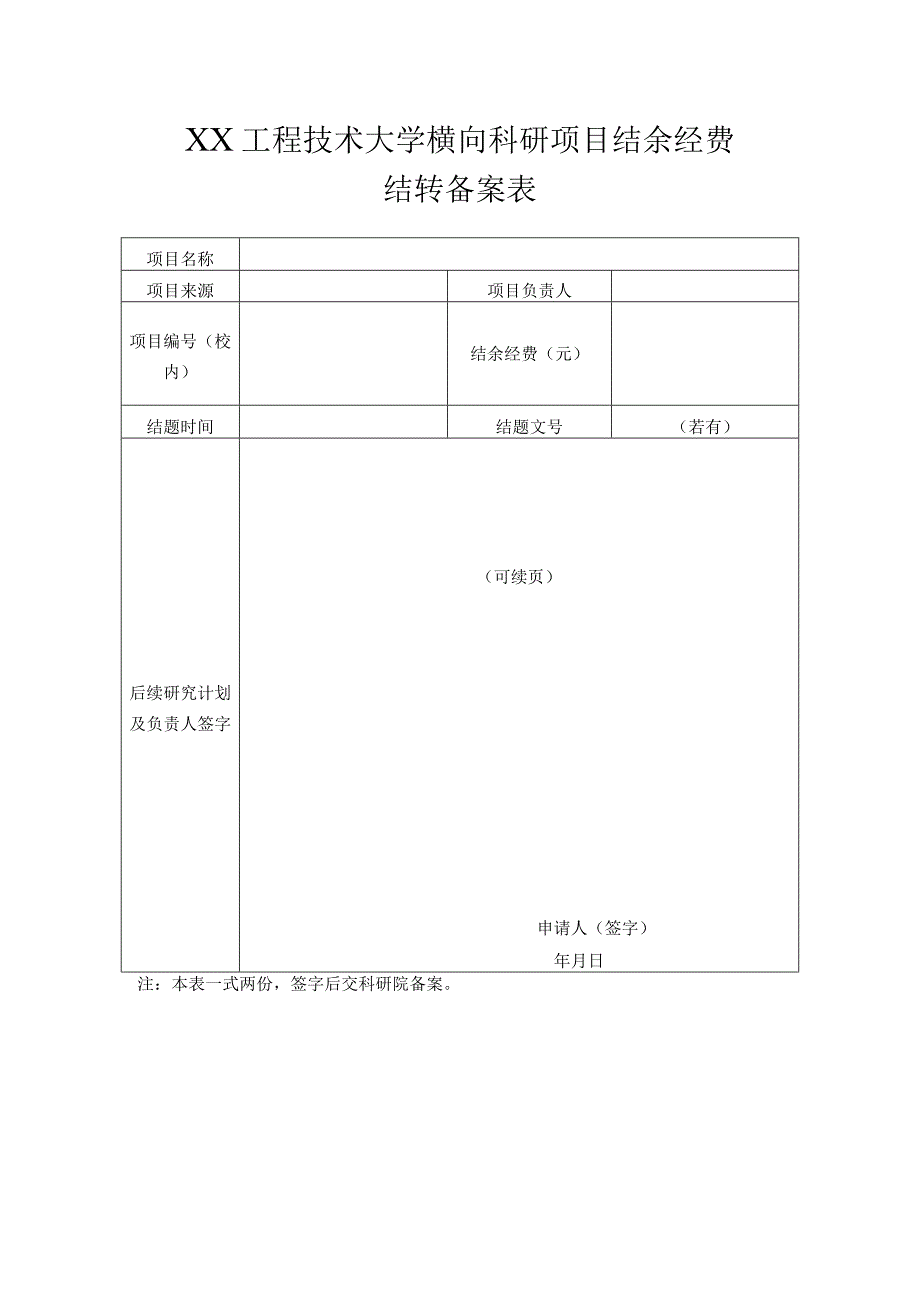 XX工程技术大学横向科研项目结余经费结转备案表（2023年）.docx_第1页