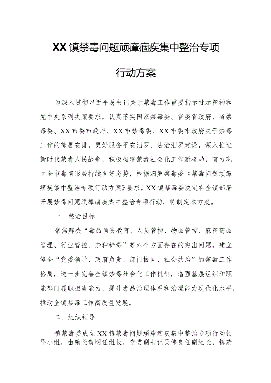 XX镇禁毒问题顽瘴痼疾集中整治专项行动方案.docx_第1页