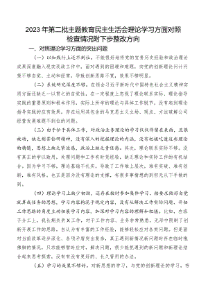 2023年第二批专题教育民主生活会理论学习方面对照检查情况附下步整改方向.docx