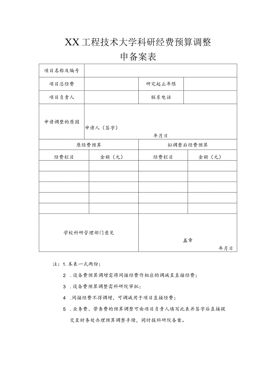 XX工程技术大学科研经费预算调整申请备案表（2023年）.docx_第1页