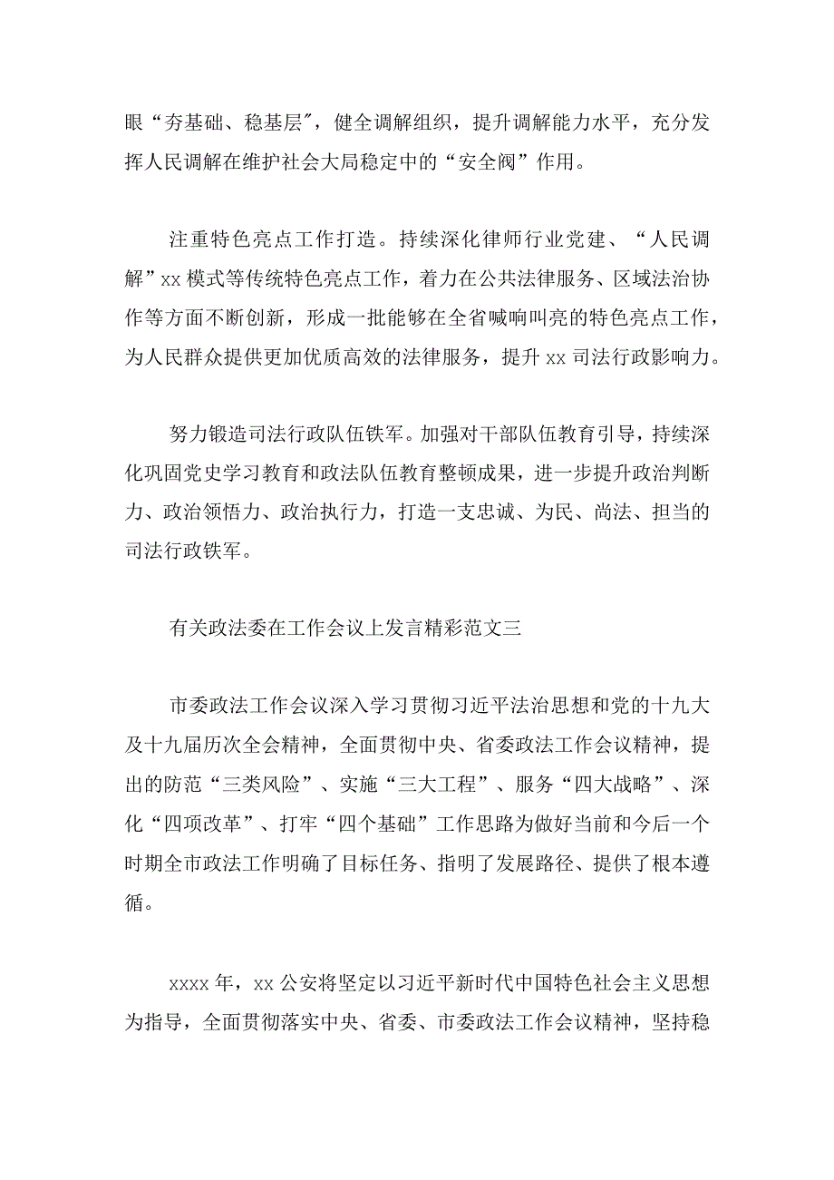 有关政法委在工作会议上发言精彩范文大全.docx_第3页