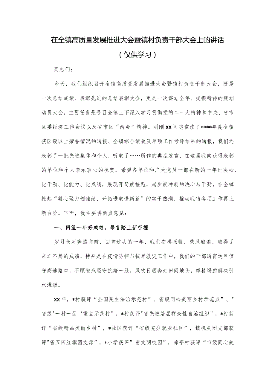 在全镇高质量发展推进大会暨镇村负责干部大会上的讲话.docx_第1页