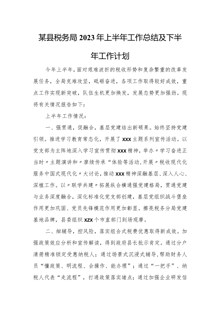 某县税务局2023年上半年工作总结及下半年工作计划.docx_第1页