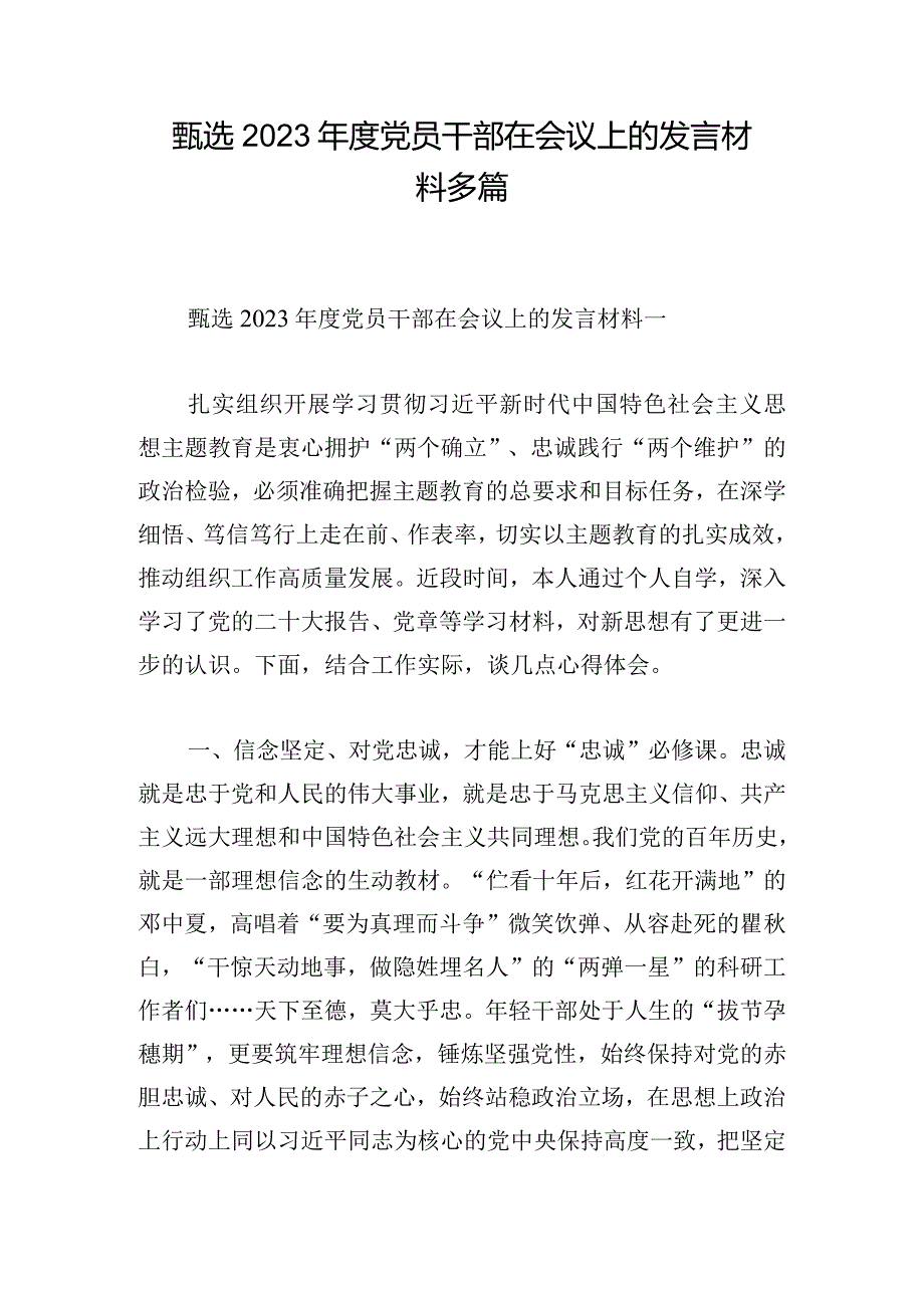 甄选2023年度党员干部在会议上的发言材料多篇.docx_第1页