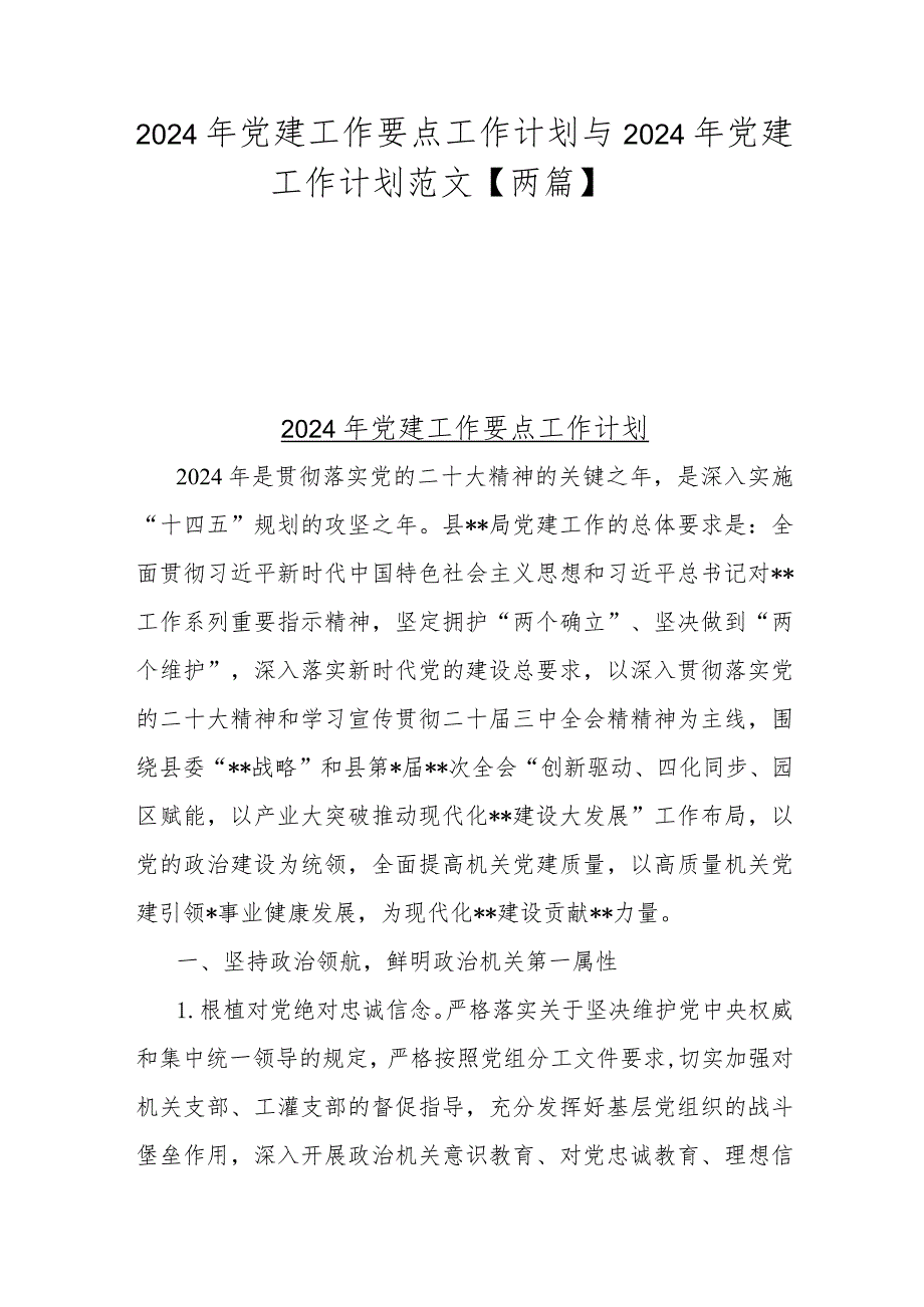 2024年党建工作要点工作计划与2024年党建工作计划范文【两篇】.docx_第1页