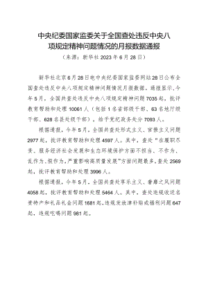 中央纪委国家监委关于全国查处违反中央八项规定精神问题情况的月报数据通报.docx