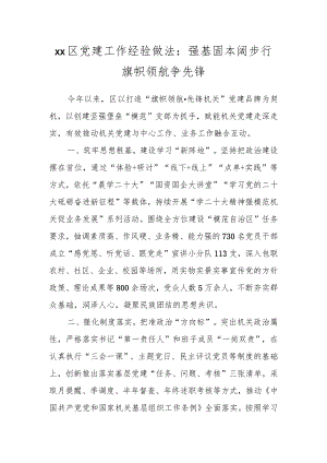 XX区党建工作经验做法：强基固本阔步行 旗帜领航争先锋.docx