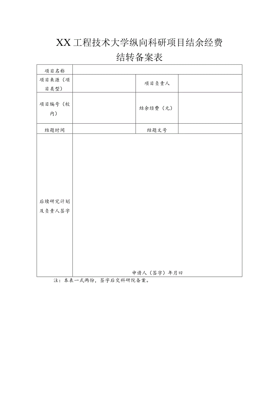 XX工程技术大学纵向科研项目结余经费结转备案表（2023年）.docx_第1页