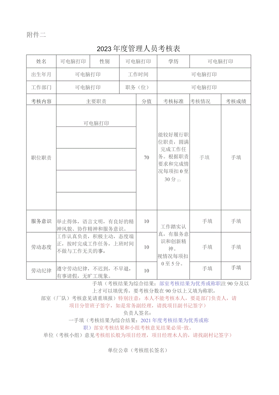 2023年度管理人员考核表（样表填表要求）.docx_第1页