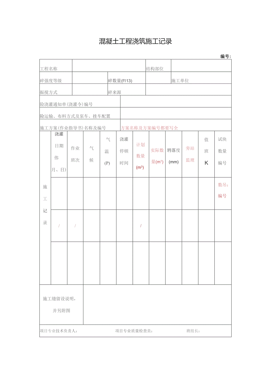 混凝土工程浇筑施工记录.docx_第1页