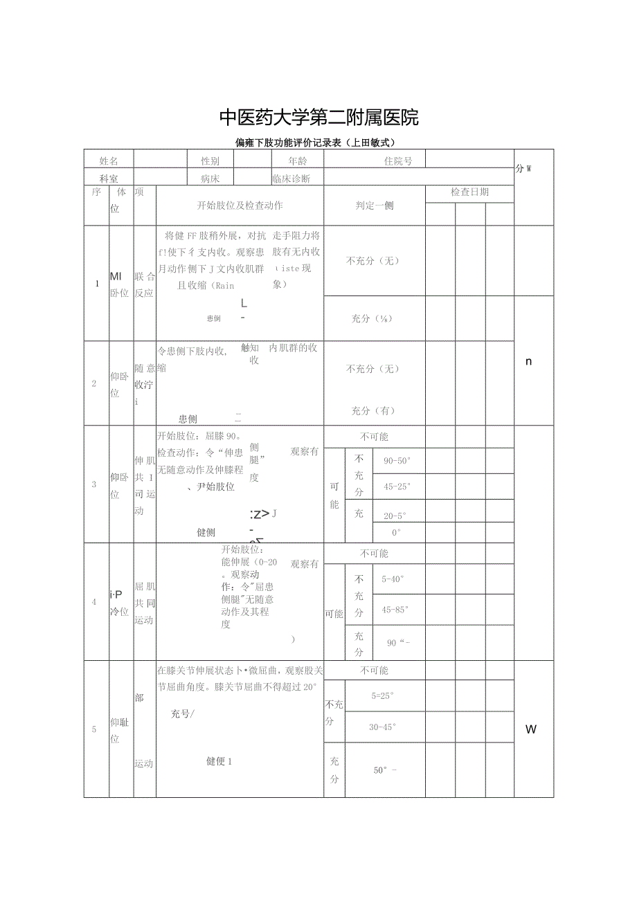 偏瘫下肢功能评价记录表（上田敏式）.docx_第1页