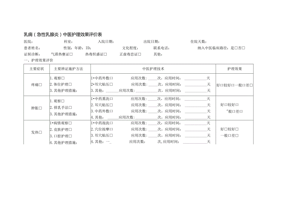 乳痈（急性乳腺炎）中医护理效果评价表.docx_第1页