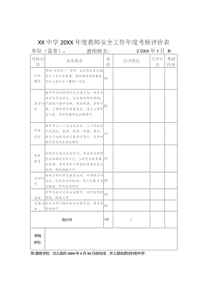 中学教师安全工作年度考核评价表.docx