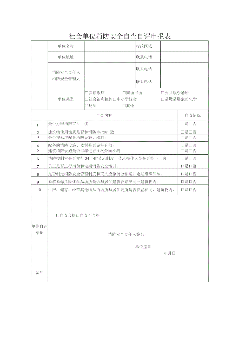 社会单位消防安全自查自评申报表.docx_第1页