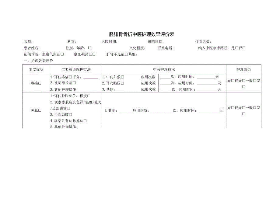 胫腓骨骨折中医护理效果评价表.docx_第1页