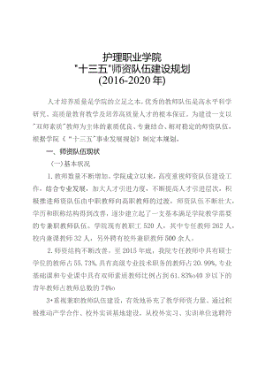 护理职业学院十三五师资队伍建设规划.docx