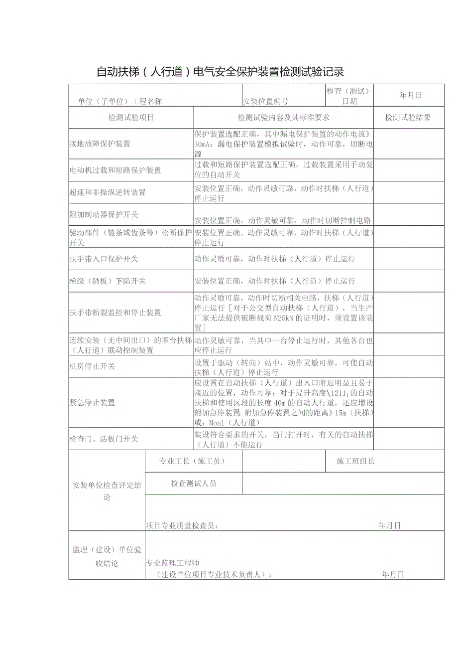 自动扶梯（人行道）电气安全保护装置检测试验记录.docx_第1页