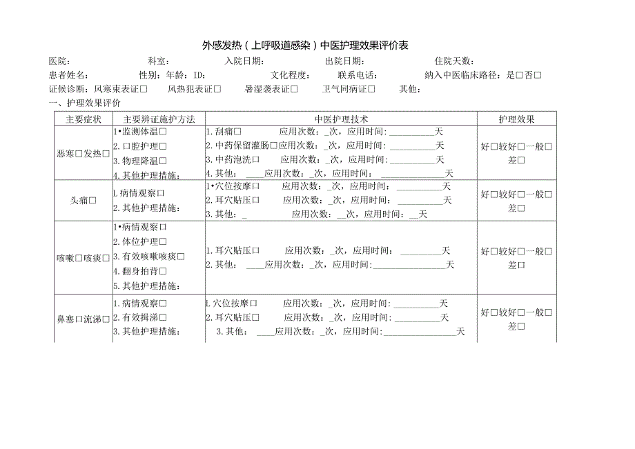 外感发热（上呼吸道感染）中医护理效果评价表.docx_第1页