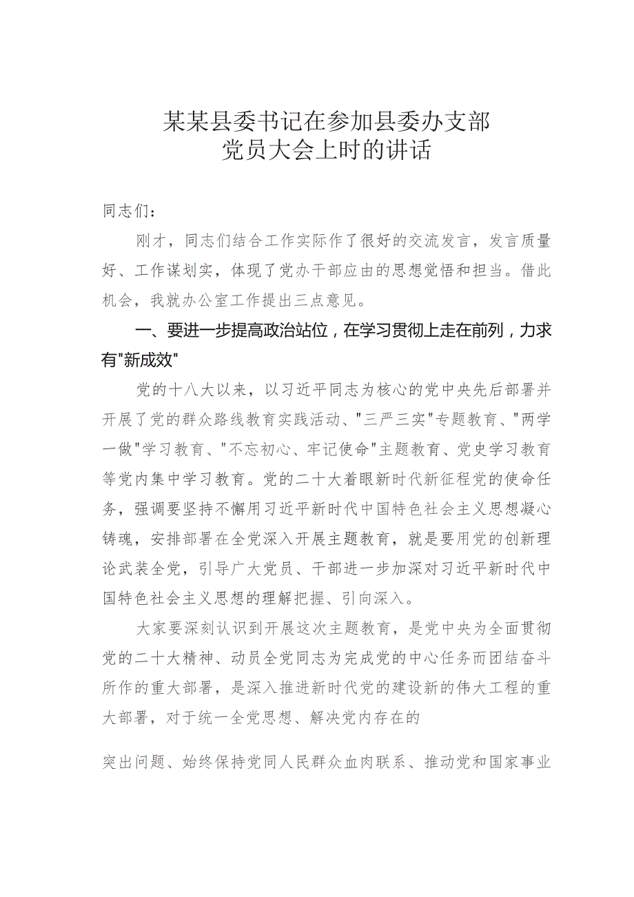 某某县委书记在参加县委办支部党员大会上时的讲话.docx_第1页