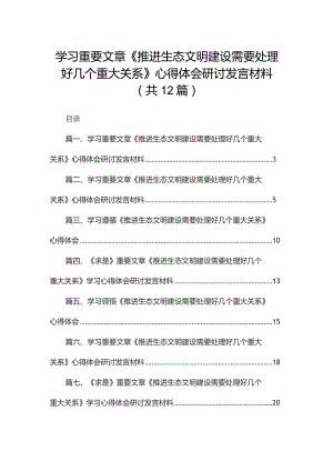 学习重要文章《推进生态文明建设需要处理好几个重大关系》心得体会研讨发言材料范文最新精选版【12篇】.docx