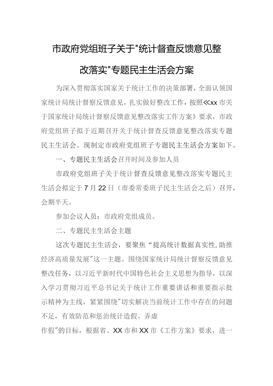 市政府党组班子关于“统计督查反馈意见整改落实”专题民主生活会方案.docx_第1页