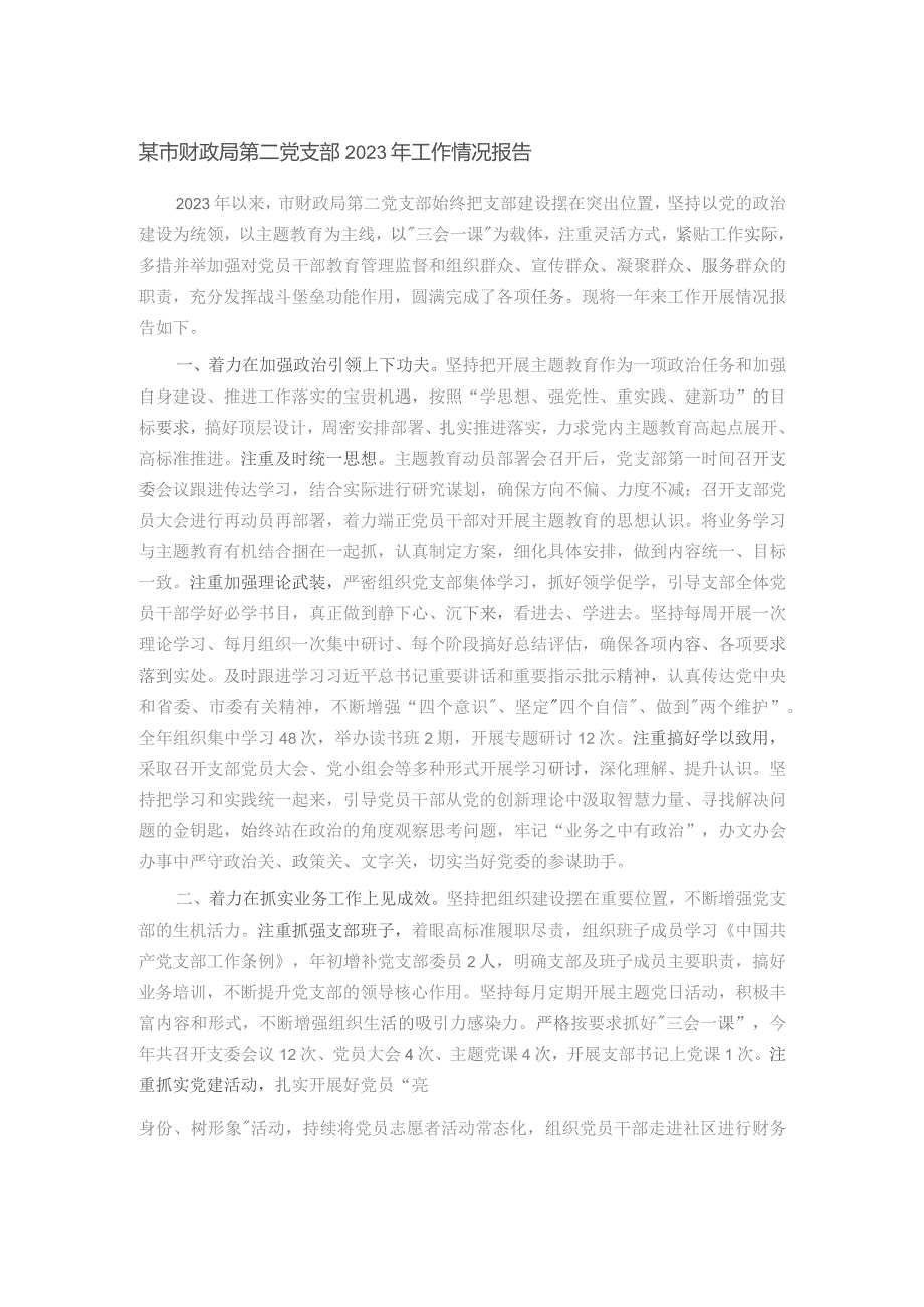 某市财政局第二党支部2023年工作情况报告.docx_第1页