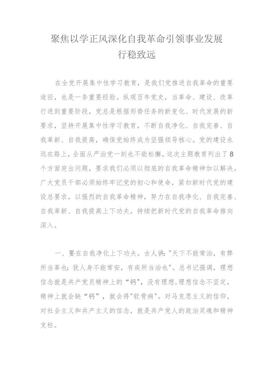 聚焦以学正风深化自我革命引领事业发展行稳致远.docx_第1页