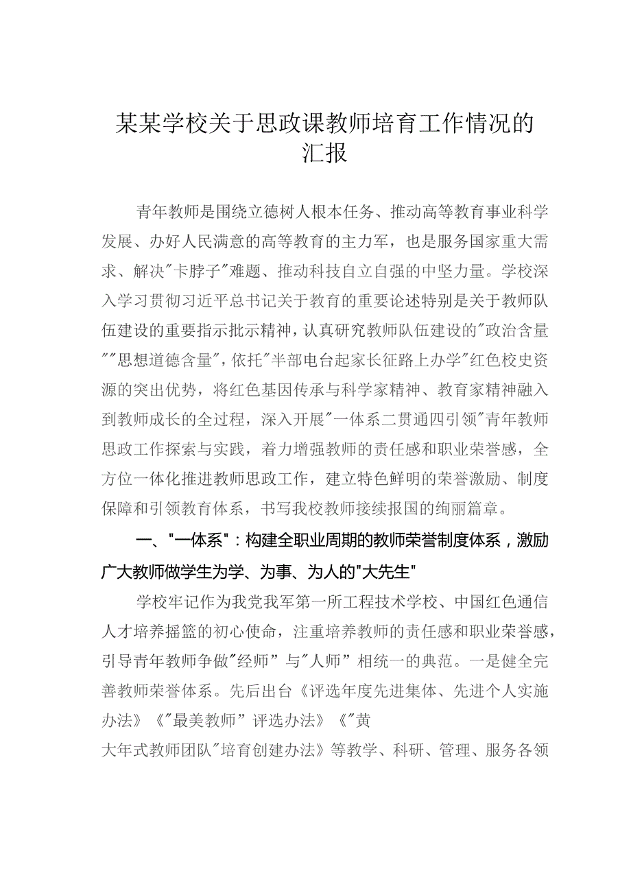 某某学校关于思政课教师培育工作情况的汇报.docx_第1页