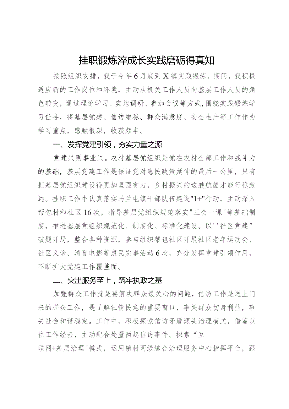 市中青班学员公安局党员干部到镇（街）体悟实训心得体会.docx_第1页