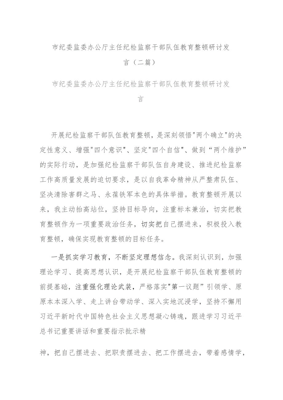 市纪委监委办公厅主任纪检监察干部队伍教育整顿研讨发言(二篇).docx_第1页