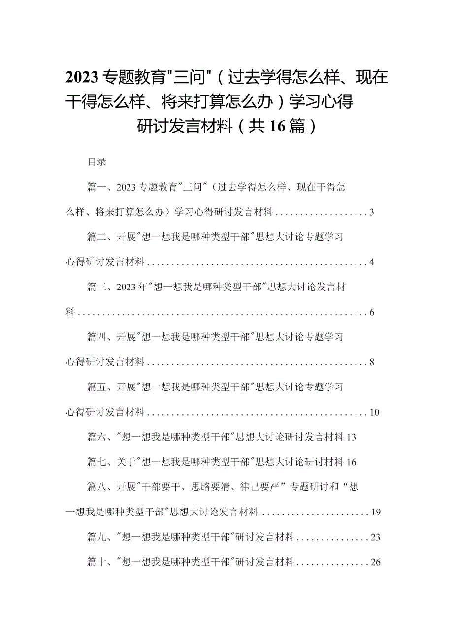 专题教育“三问”（过去学得怎么样、现在干得怎么样、将来打算怎么办）学习心得研讨发言材料(精选16篇).docx_第1页