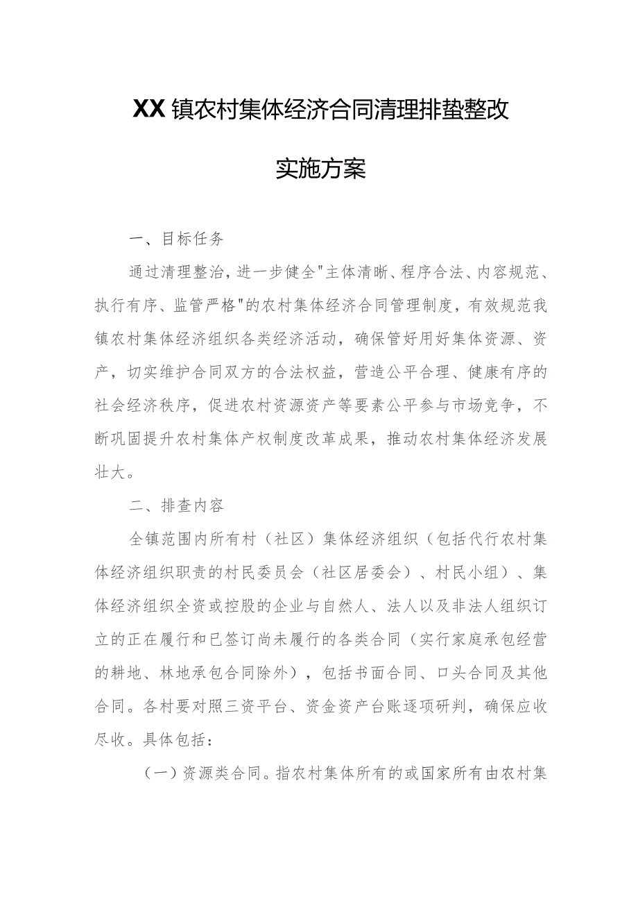 XX镇农村集体经济合同清理排查整改实施方案.docx_第1页