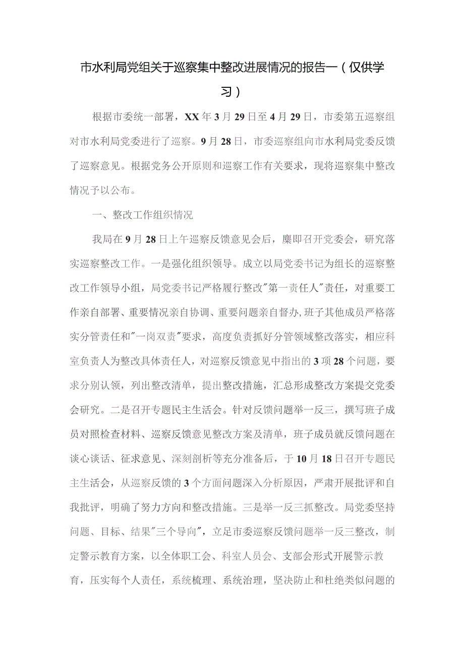 市水利局党组关于巡察集中整改进展情况的报告一.docx_第1页