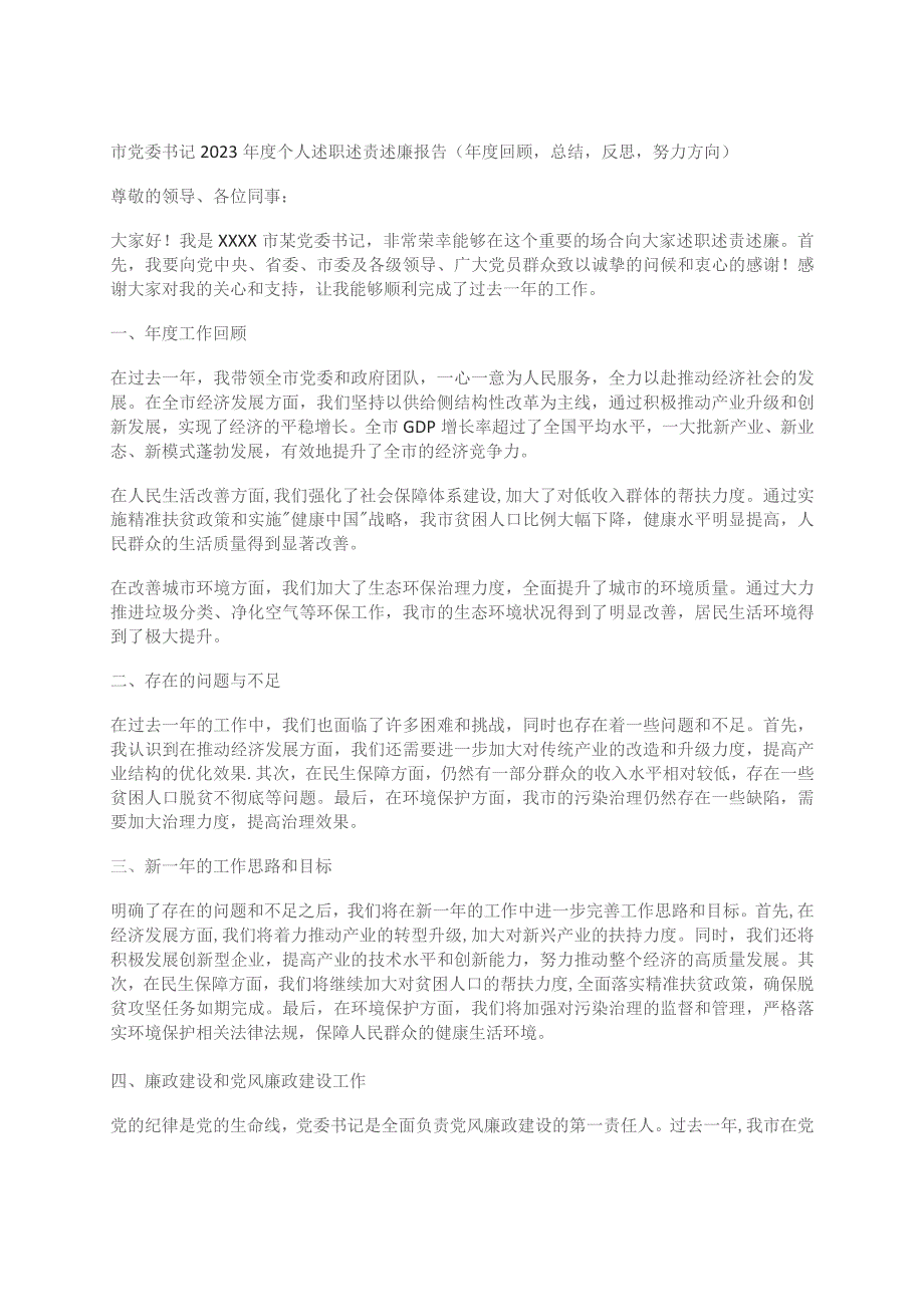 市党委书记2023年度个人述职述责述廉报告（年度回顾总结反思努力方向）.docx_第1页