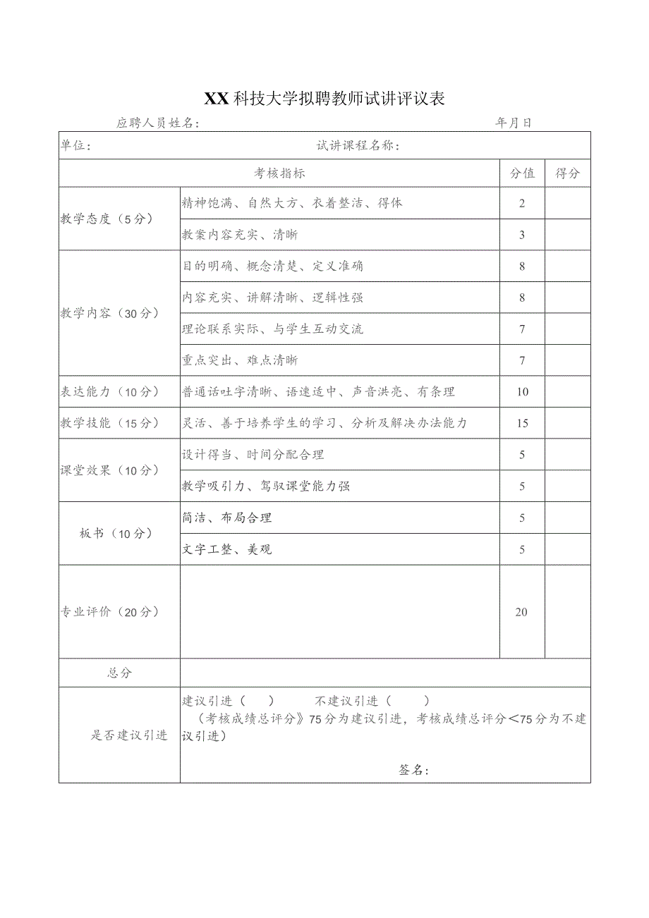 XX科技大学拟聘教师试讲评议表(2023年).docx_第1页