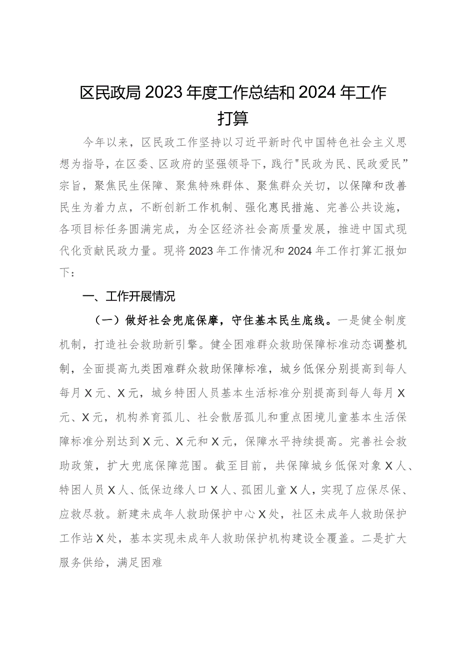 区民政局2023年度工作总结和2024年工作打算.docx_第1页