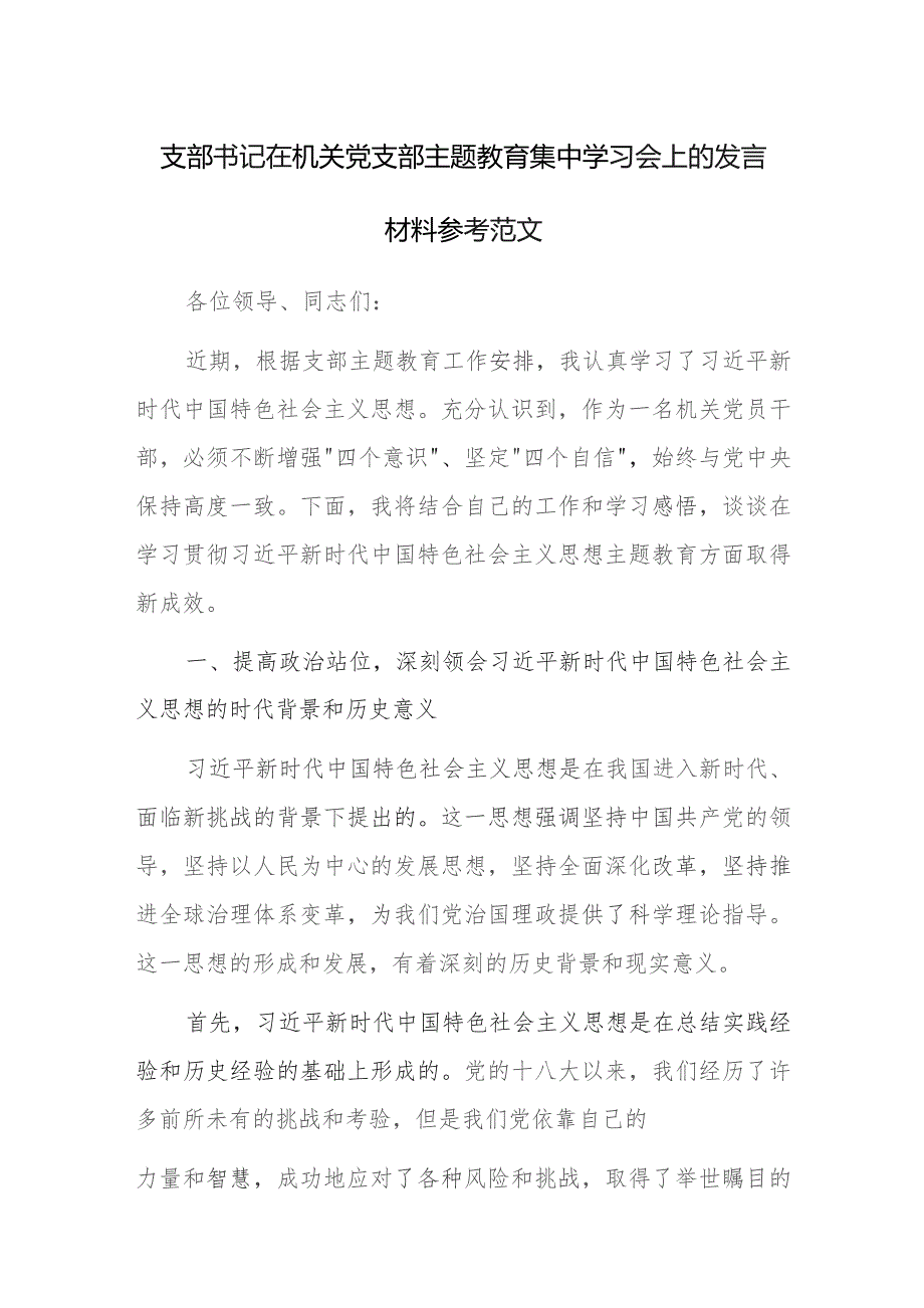 支部书记在机关党支部主题教育集中学习会上的发言材料参考范文.docx_第1页