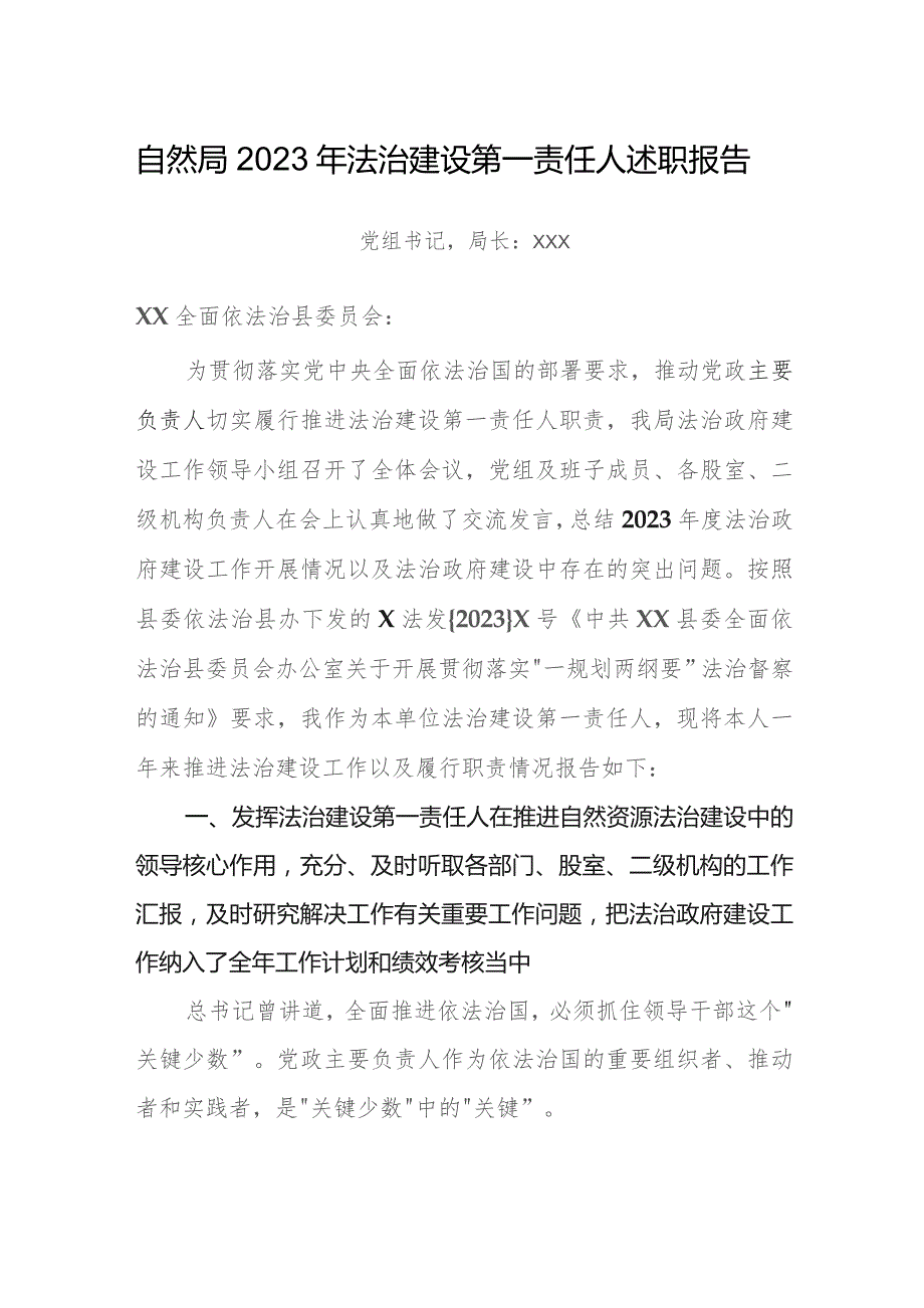 自然局2023年法治建设第一责任人述职报告.docx_第1页