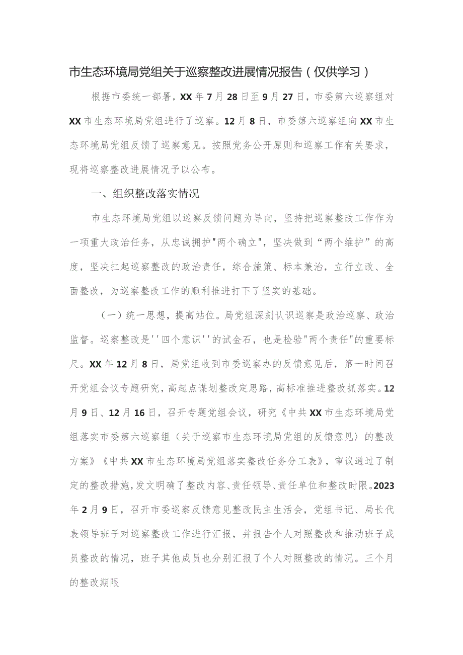 市生态环境局党组关于巡察整改进展情况报告.docx_第1页