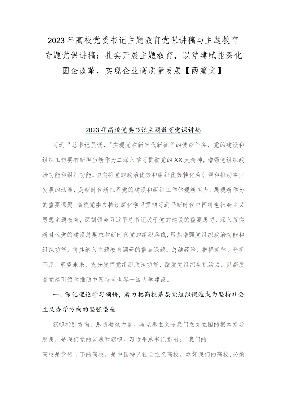 2023年高校党委书记主题教育党课讲稿与主题教育专题党课讲稿：扎实开展主题教育以党建赋能深化国企改革实现企业高质量发展【两篇文】.docx_第1页