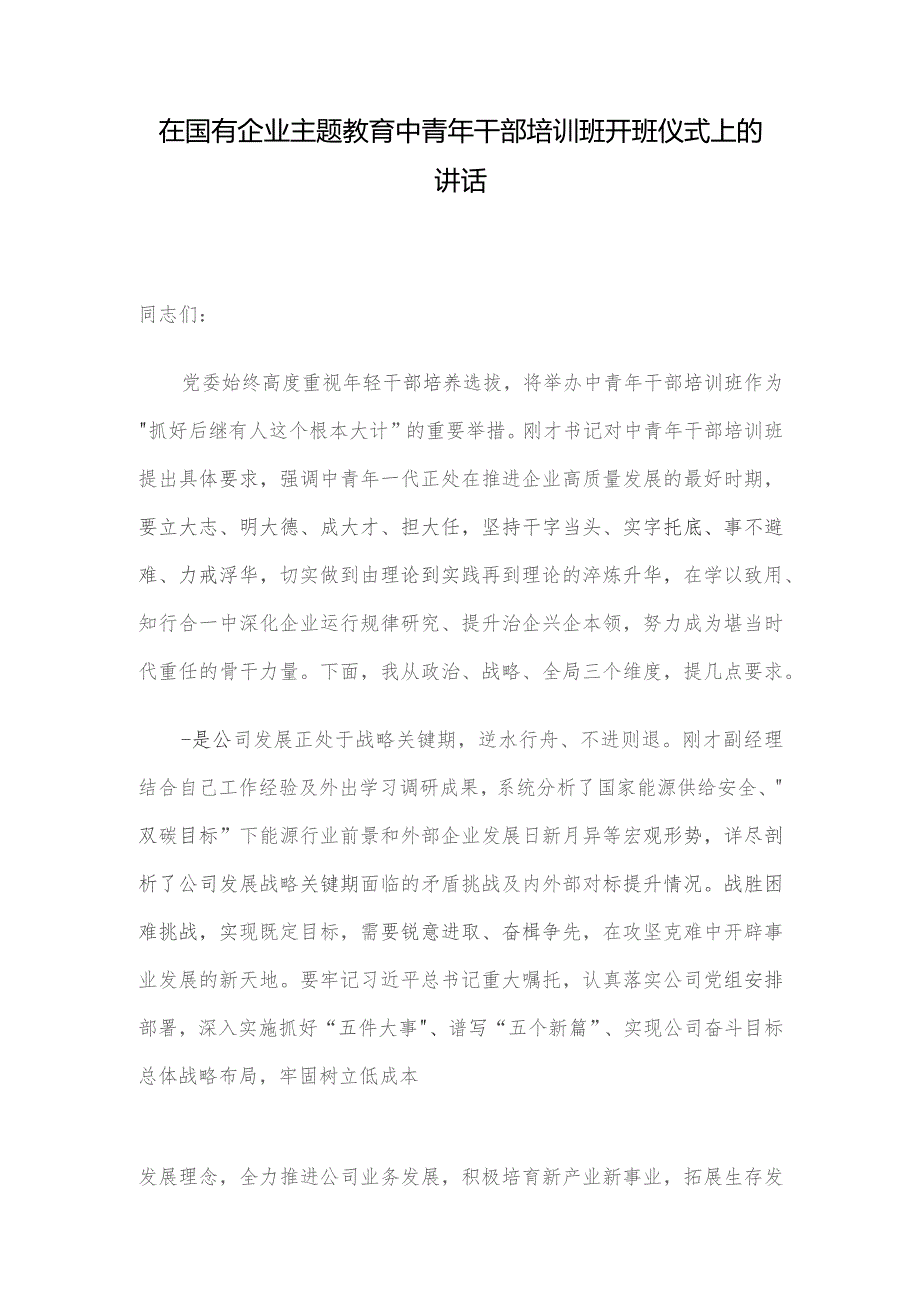 在国有企业主题教育中青年干部培训班开班仪式上的讲话.docx_第1页