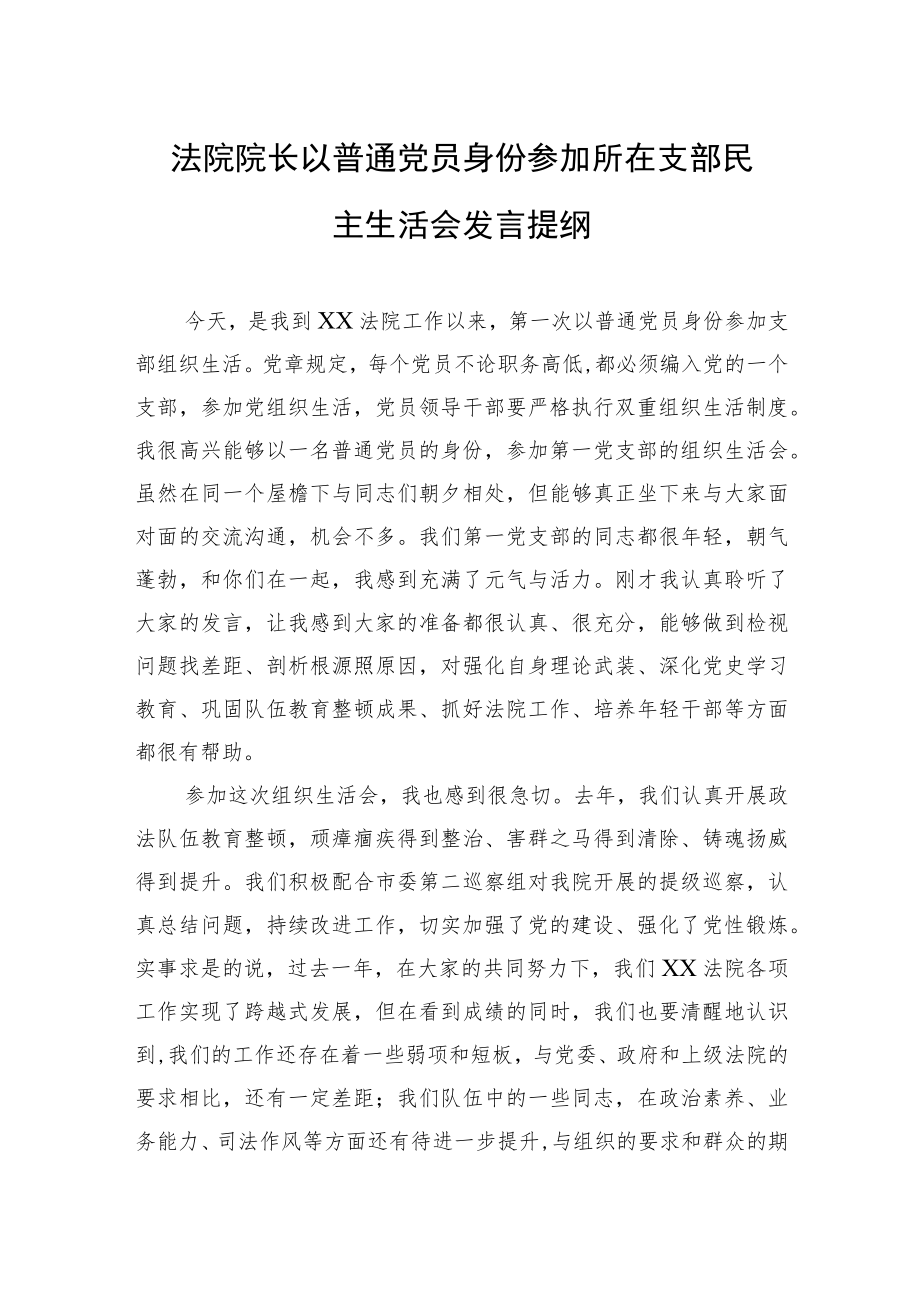 法院院长以普通党员身份参加所在支部民主生活会发言提纲.docx_第1页