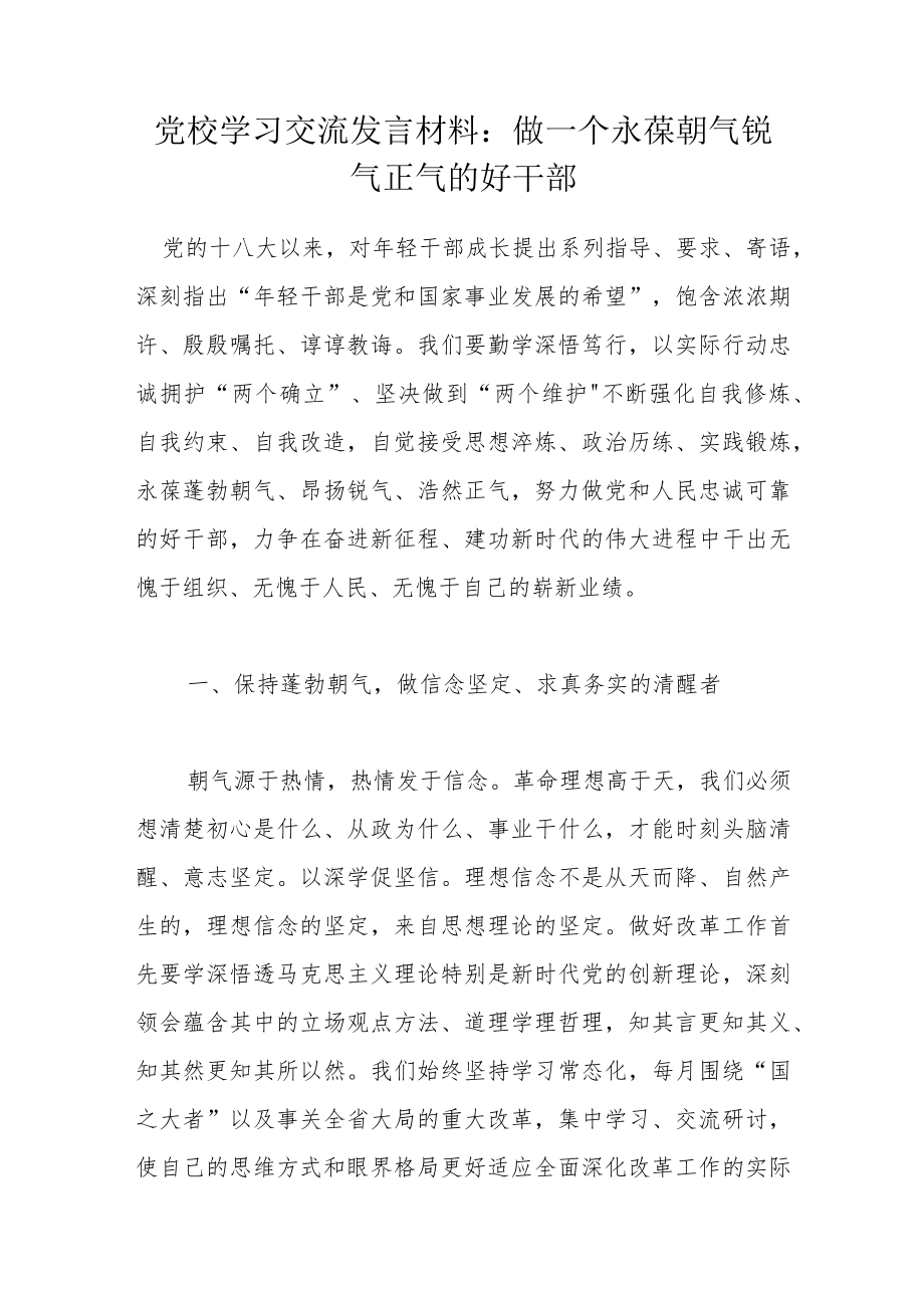 党校学习交流发言材料：做一个永葆朝气锐气正气的好干部.docx_第1页