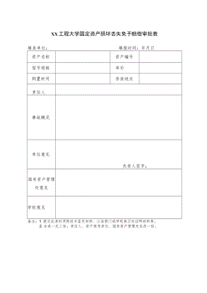 xx工程大学固定资产损坏丢失免予赔偿审批表.docx