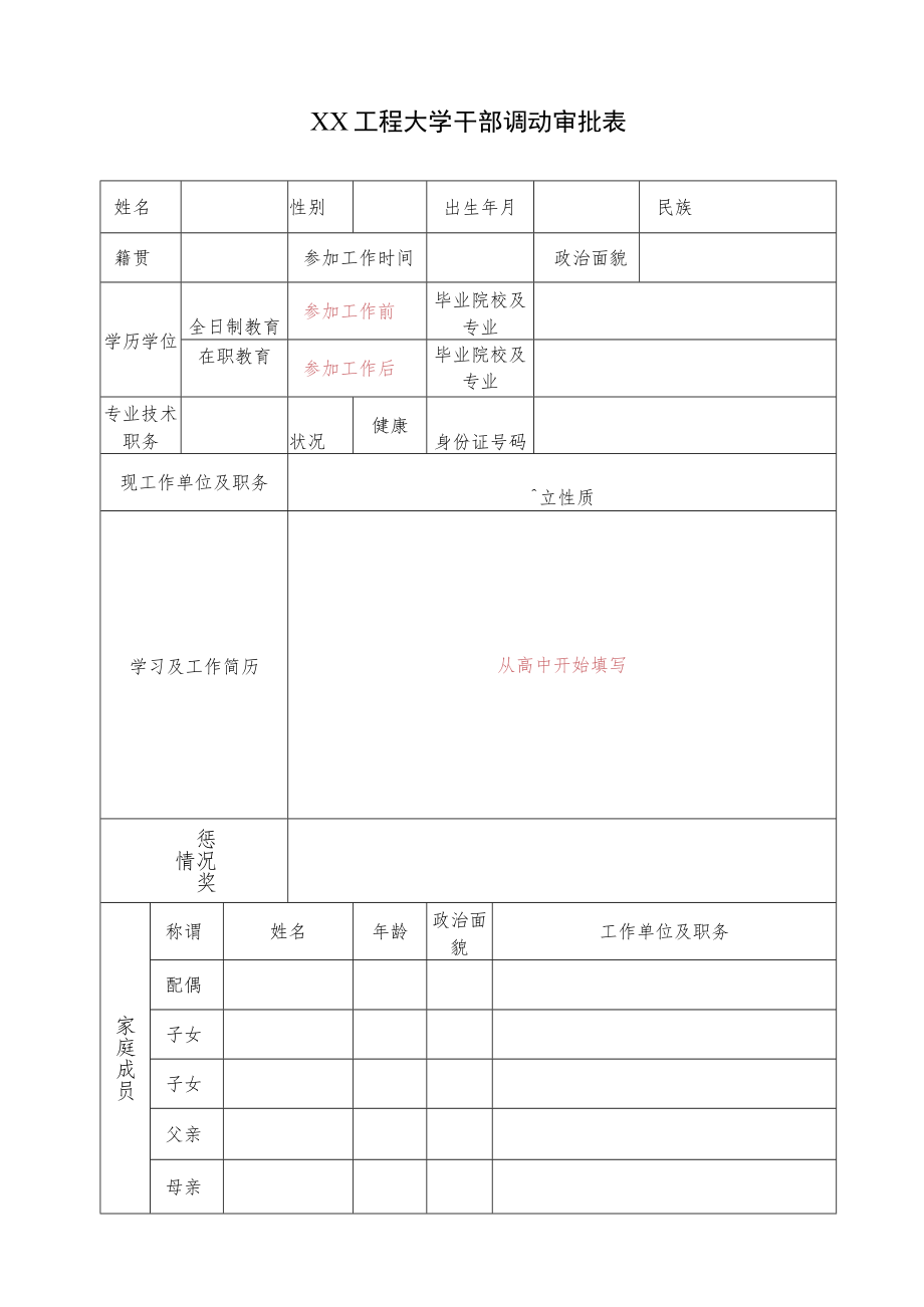 XX工程大学干部调动审批表.docx_第1页